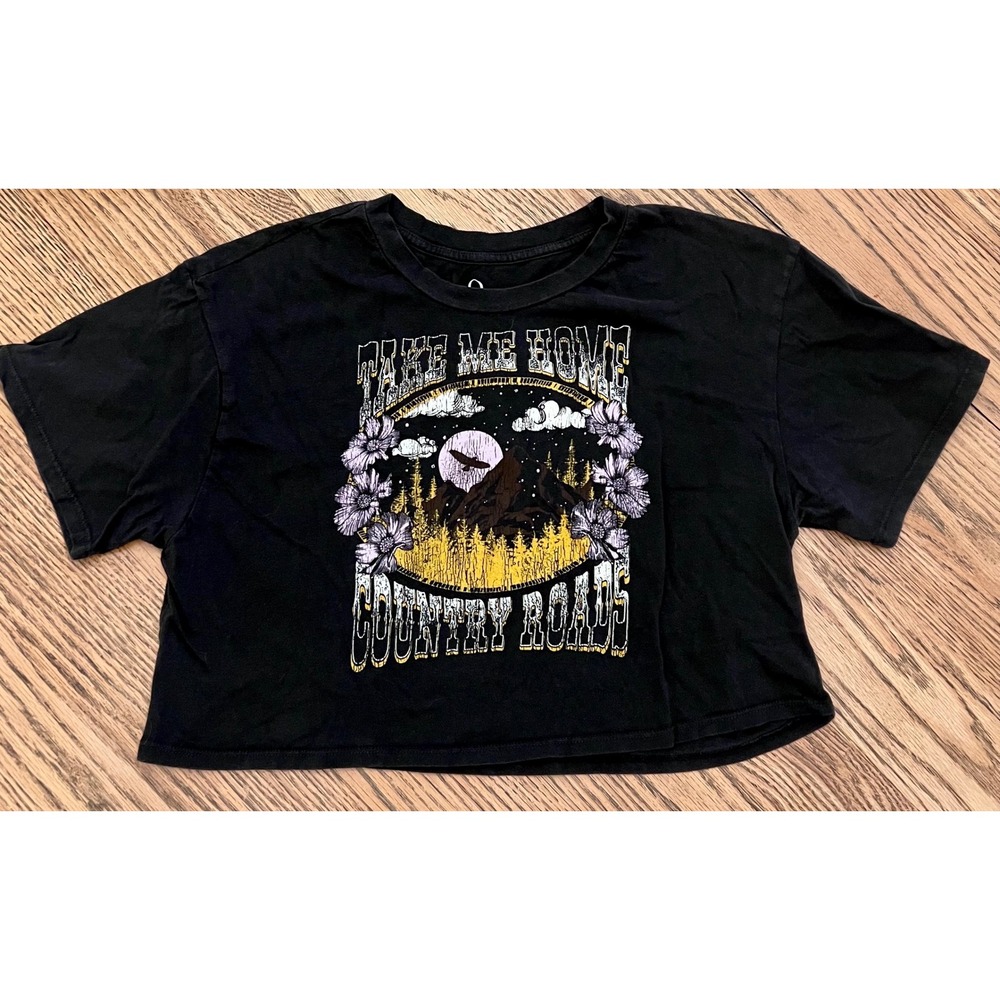 Organic Generation Take Me Home Country Roads Crop Top Graphic Tee Black Medium